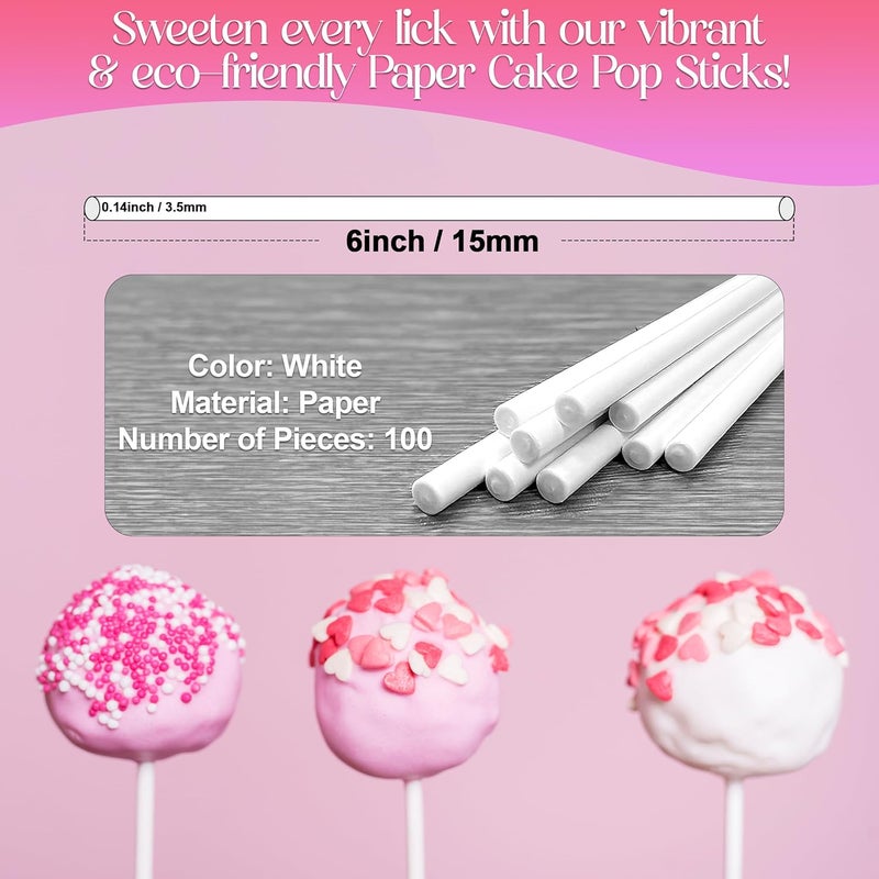 Gadget Beyond 6-Inch White Paper Cake Pop Sticks - Premium 100 Pack | Perfect for Lollipops, Cookies, Chocolate Cake Toppers | Versatile Baking & Crafting Accessory - Image 2